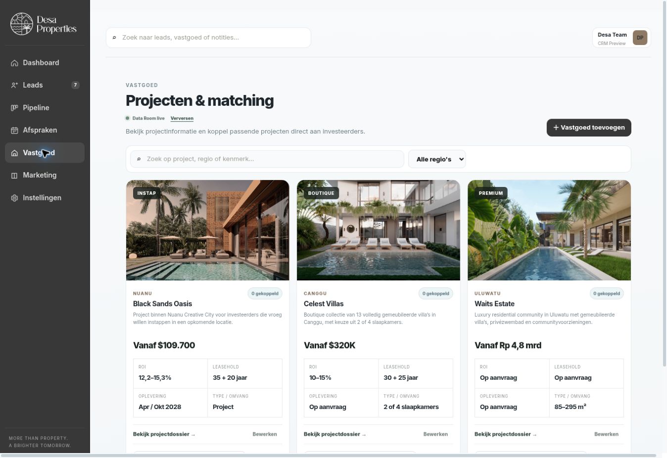 De interface van Desa Properties, gebouwd door Solveire
