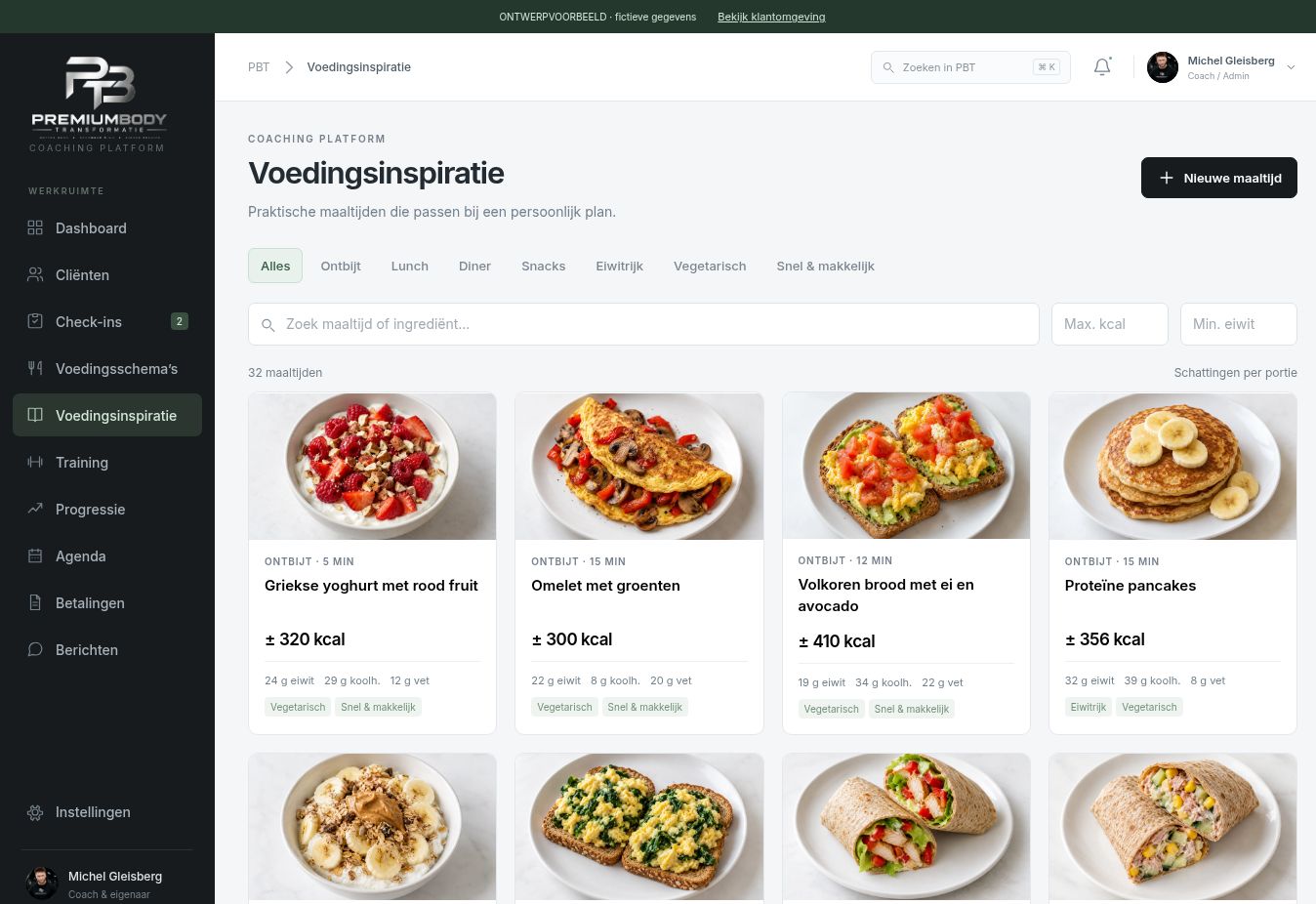 PBT voedingsinspiratie op desktop, met maaltijdcategorieën en voedingswaarden